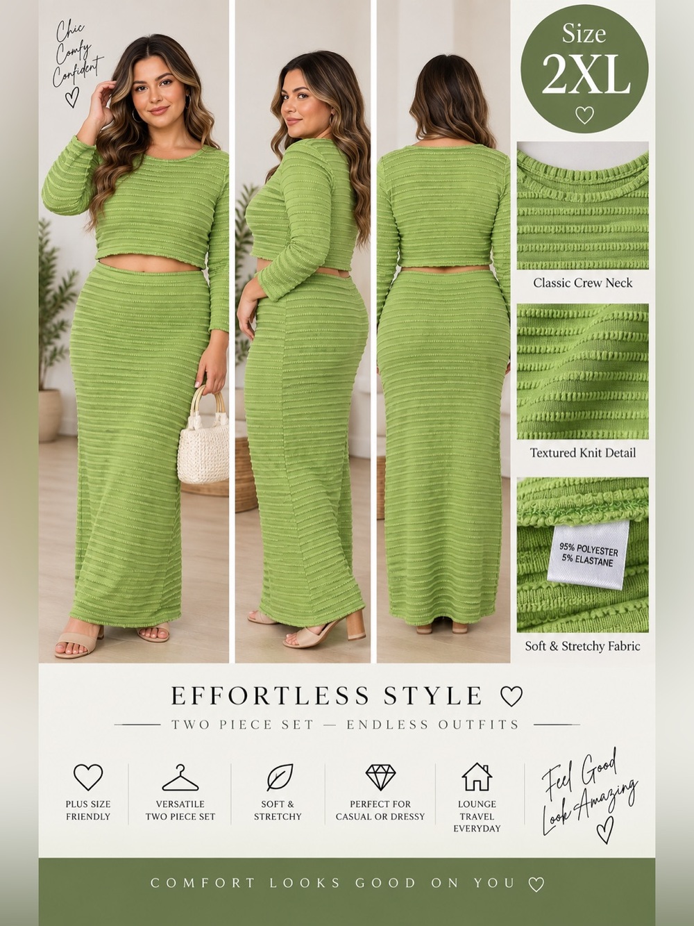 Two-Piece Textured Knit Maxi Skirt Set - Green